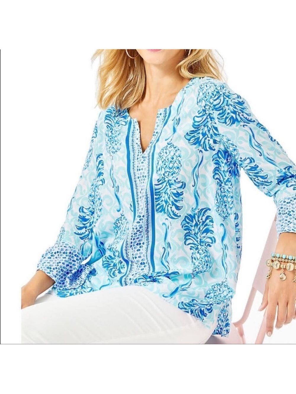 Lilly Pulitzer L Keona White Royal Bennett Blue Flounce Sleeve Tunic